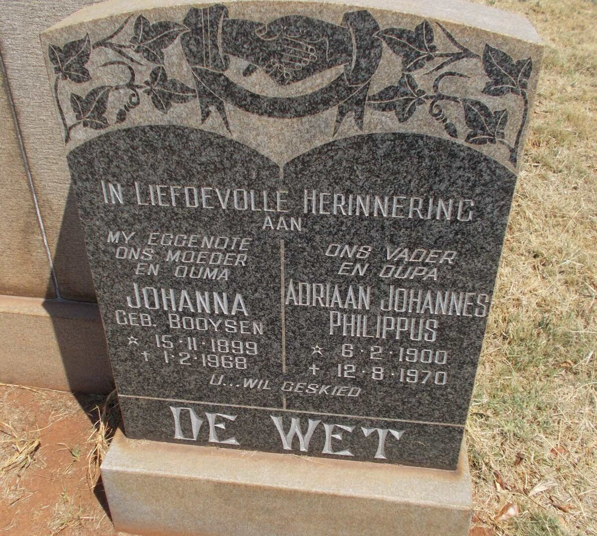 WET Adriaan Johannes Philippus, de 1900-1970 &amp; Johanna BOOYSEN 1899-1968