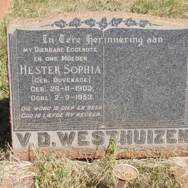 WESTHUIZEN Hester Sophia, v.d. nee DUVENAGE 1903-1953