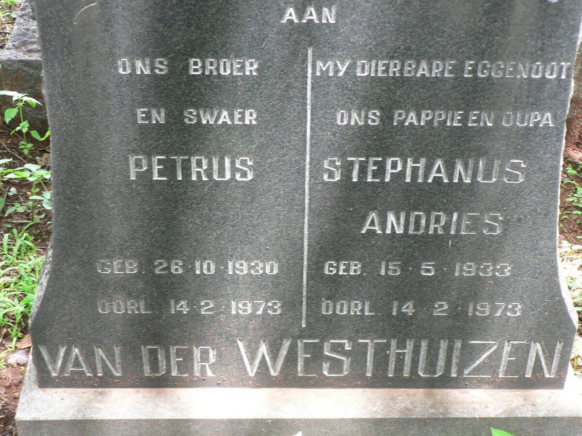 WESTHUIZEN Petrus, van der 1930-1973 :: VAN DER WESTHUIZEN Stephanus Andries 1933-1973