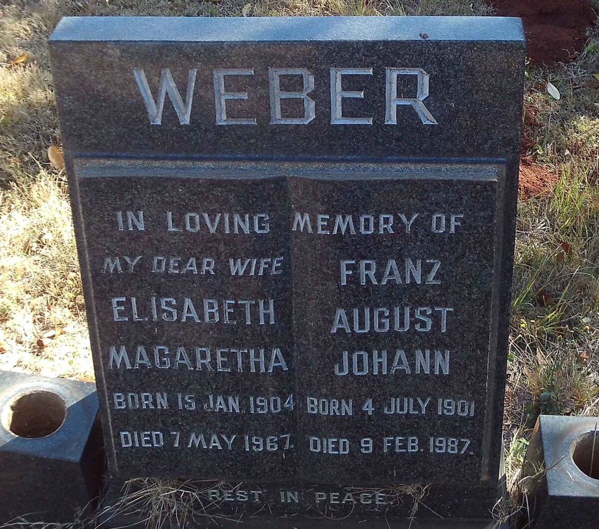WEBER Franz August Johann 1901-1987 &amp; Elisabeth Magaretha 1904-1967