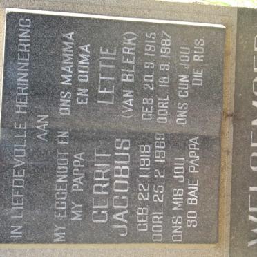 WELGEMOED Gerrit Jacobus 1918-1969 &amp; Lettie VAN BLERK 1915-1987