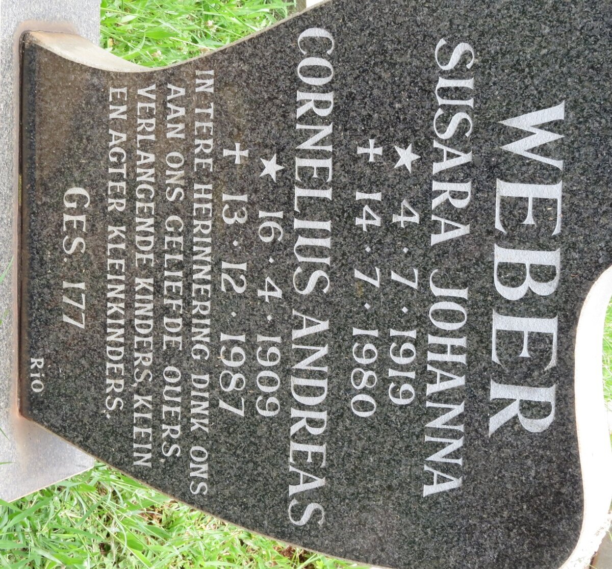 WEBER Cornelius Andreas 1909-1987 &amp; Susara Johanna 1919-1980