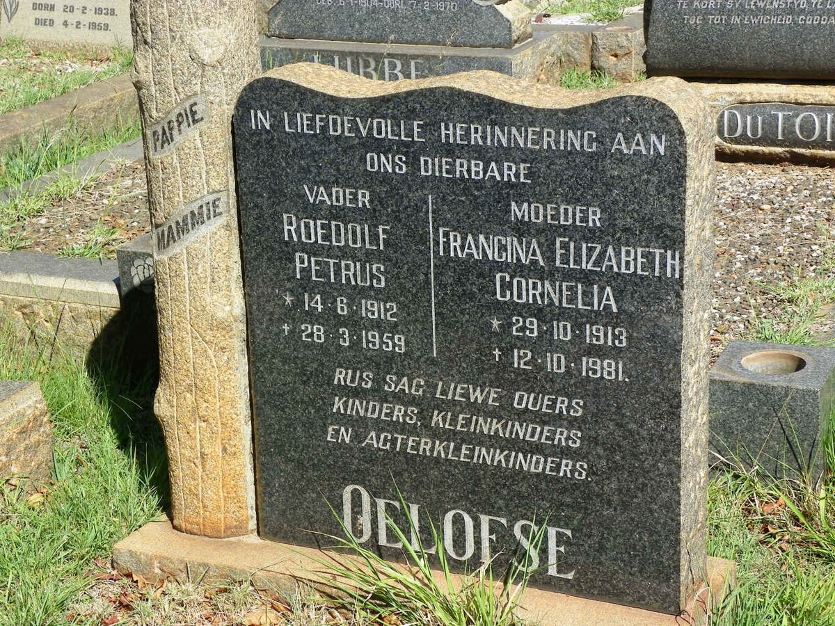 OELOFSE Roedolf Petrus 1912-1959 &amp; Francina Elizabeth Cornelia 1913-1981