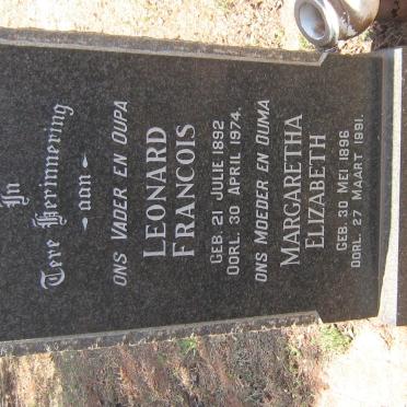 TALJAARD Leonard Francois 1892-1974 &amp; Margaretha Elizabeth 1896-1991