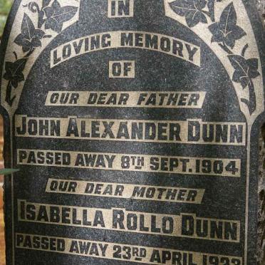 DUNN John Alexander -1904 &amp; Isabella Rollo -1923