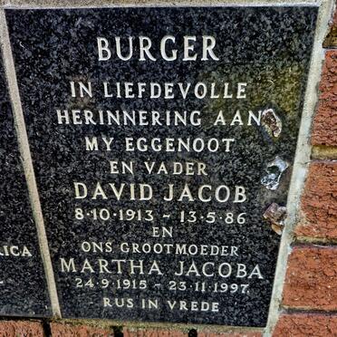 BURGER David Jacob 1913-1986 & Martha Jacoba 1915-1997