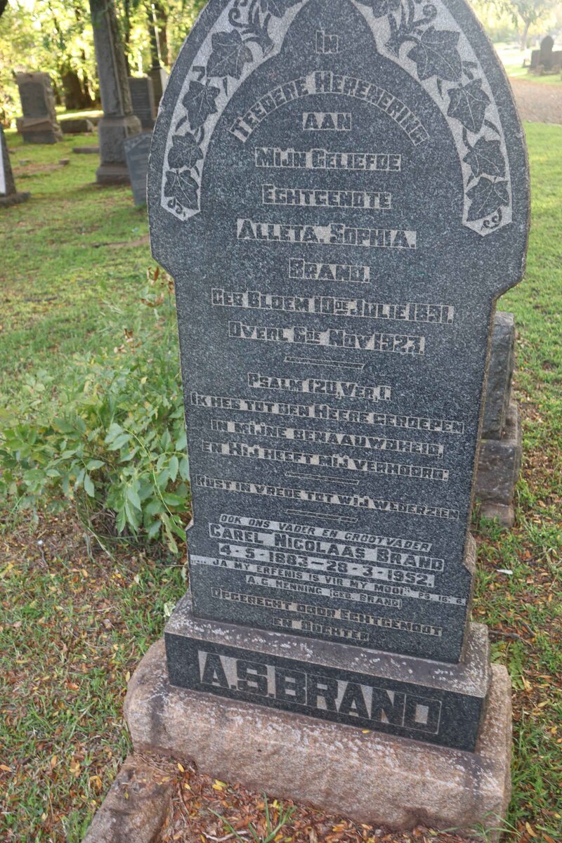 BRAND Carel Nicolaas 1883-1952 :: BRAND Aletta Sophia 1891-1923