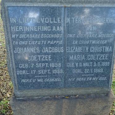 COETZEE Johannes Jacobus 1898-1939 &amp; Elizabeth Christina Maria V.D. WALT 1899-1963