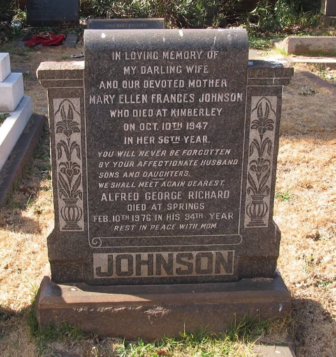 JOHNSON Alfred George Richard -1976 &amp; Mary Ellen Frances -1947