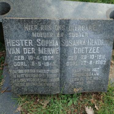 MERWE Hester Sophia, van der 1889-1940 :: COETZEE Susanna Hendrika 1911-1962