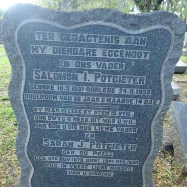 POTGIETER Salomon I. 1881-1939 &amp; Sarah J. DU PREEZ 1878-1954