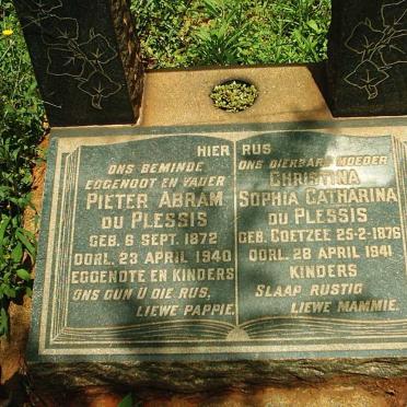 PLESSIS Pieter Abram, du 1872-1940 &amp; Christina Sophia Catharina COETZEE 1876-1941