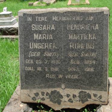 UNGERER Susara Maria nee SMITH 1890-1981 :: RUHLING Hendriena Martiena nee SMITH 1894-1918
