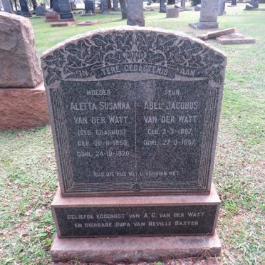 WATT Aletta Susanna, van der nee ERASMUS 1850-1920 :: VAN DER WATT Abel Jacobus 1887-1957