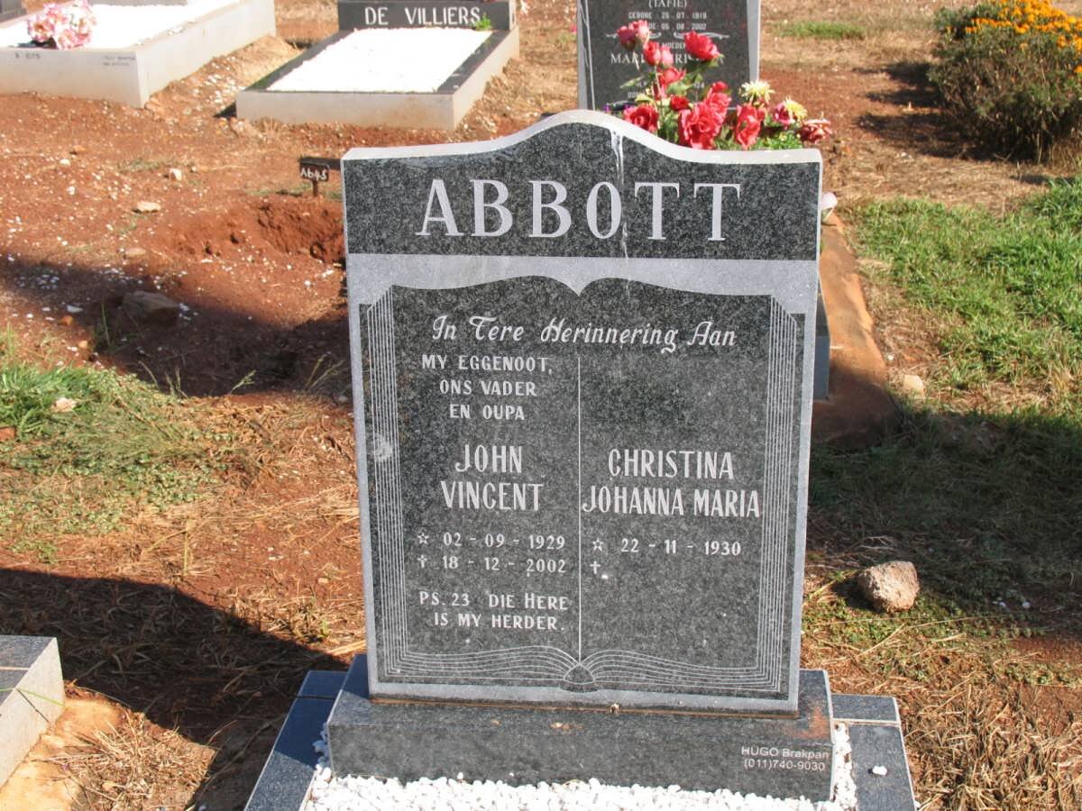 ABBOTT Johan Vincent 1929-2002 &amp; Christina Johanna Maria 1930-