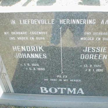 BOTMA Hendrik Johannes 1926-1990 &amp; Jessie Doreen 1926-1996