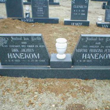 HANEKOM Dirk Jacobus 1921-1984 &amp; Martha Francina Petronella 1926-