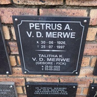 MERWE Petrus A., v.d. 1926-1997 &amp; Talitha K. FICK 1935-2022