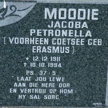 MOODIE Jacoba Petronella formerly COETSEE nee ERASMUS 1911-1994