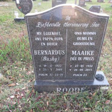 ROODE Bernardus 1927-2005 &amp; Maaike DU PREEZ 1932-2015
