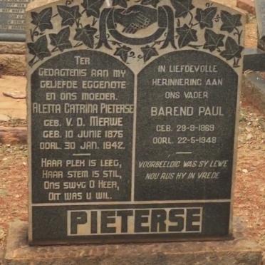 PIETERSE Barend Paul 1869-1948 &amp; Aletta Catrina V.D. MERWE 1875-1942