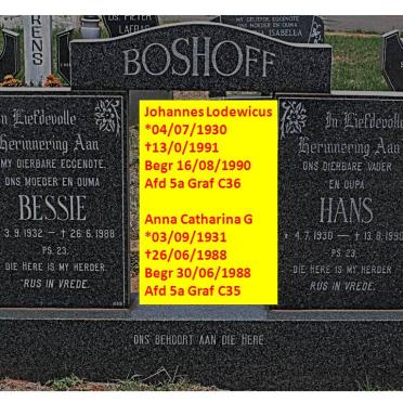 BOSHOFF Johannes Lodewicus 1930-1991 &amp; Anna Catharina G. 1932-1988
