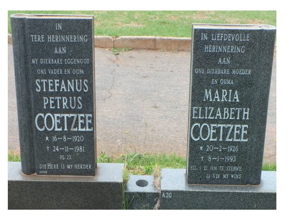 COETZEE Stephanus Petrus 1920-1981 &amp; Maria Elizabeth 1926-1993