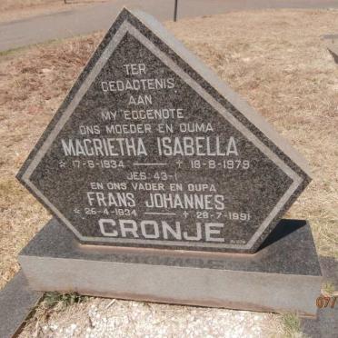 CRONJE Frans Johannes 1934-1991 &amp; Magrietha Isabella 1934-1979