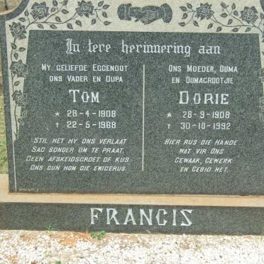 FRANCIS Tom 1908-1968 &amp; Dorie 1908-1992