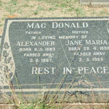 Mac DONALD Alexander 1883-1967 &amp; Jane Maria 1899-1985