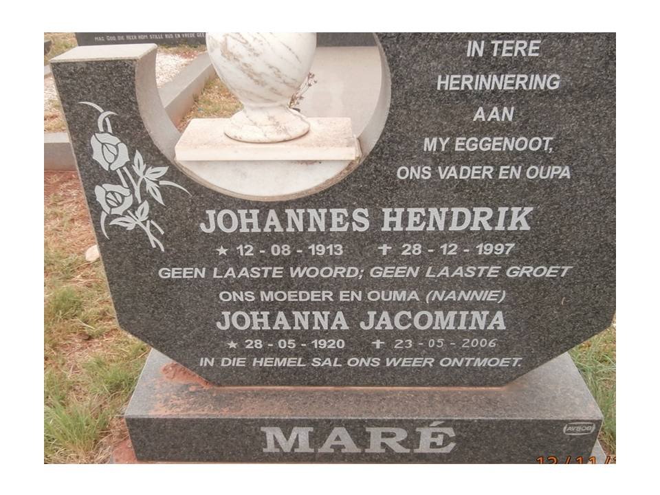 MARE Johannes Hendrik 1913-1997 &amp; Johanna Jacomina 1920-2006