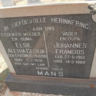 MANS Johannes Francios 1913-1980 &amp; Elsie Aletha Cecilia ERASMUS 1911-1970