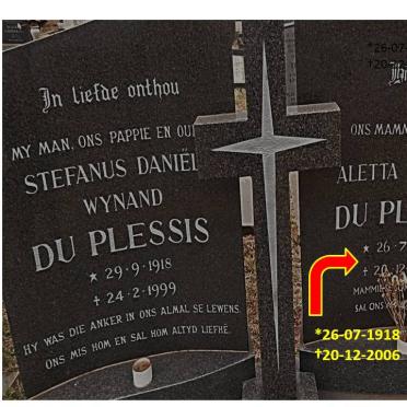 PLESSIS Stefanus Daniël Wynand, du 1918-1999 &amp; Aletta Frederika 1918-2006
