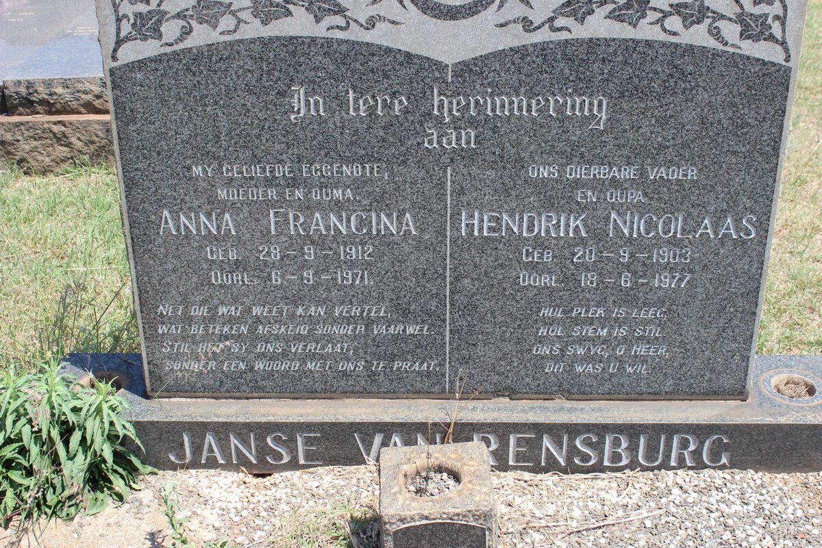 RENSBURG Hendrik Nicolaas, Janse van 1903-1977 &amp; Anna Francina 1912-1971