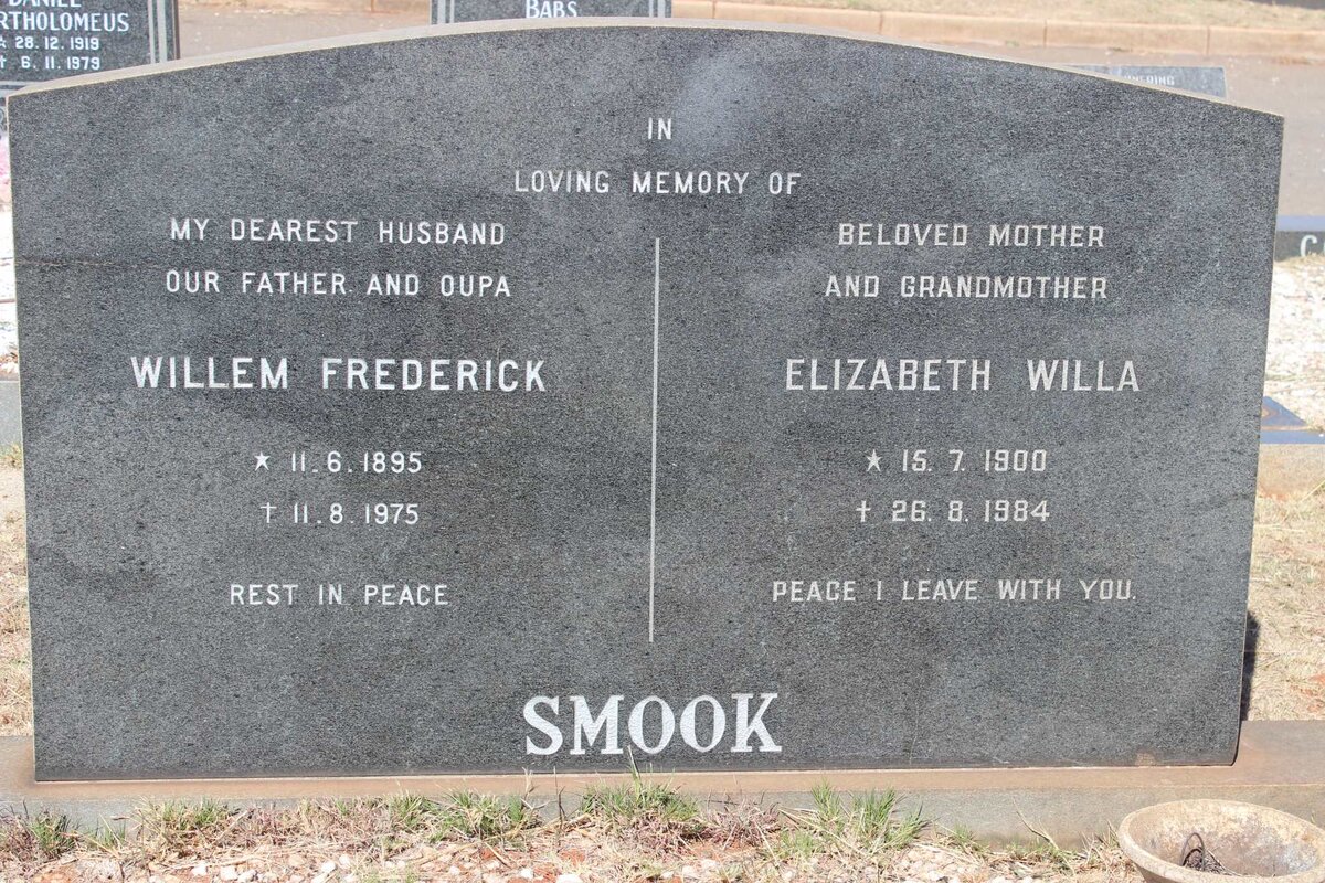 SMOOK Willem Frederick 1895-1975 &amp; Elizabeth Willa 1900-1984