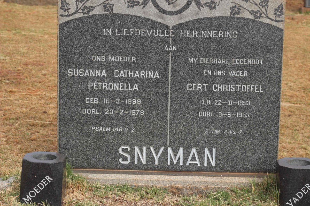 SNYMAN Gert Christoffel 1893-1953 &amp; Susanna Catharina Petronella 1899-1978