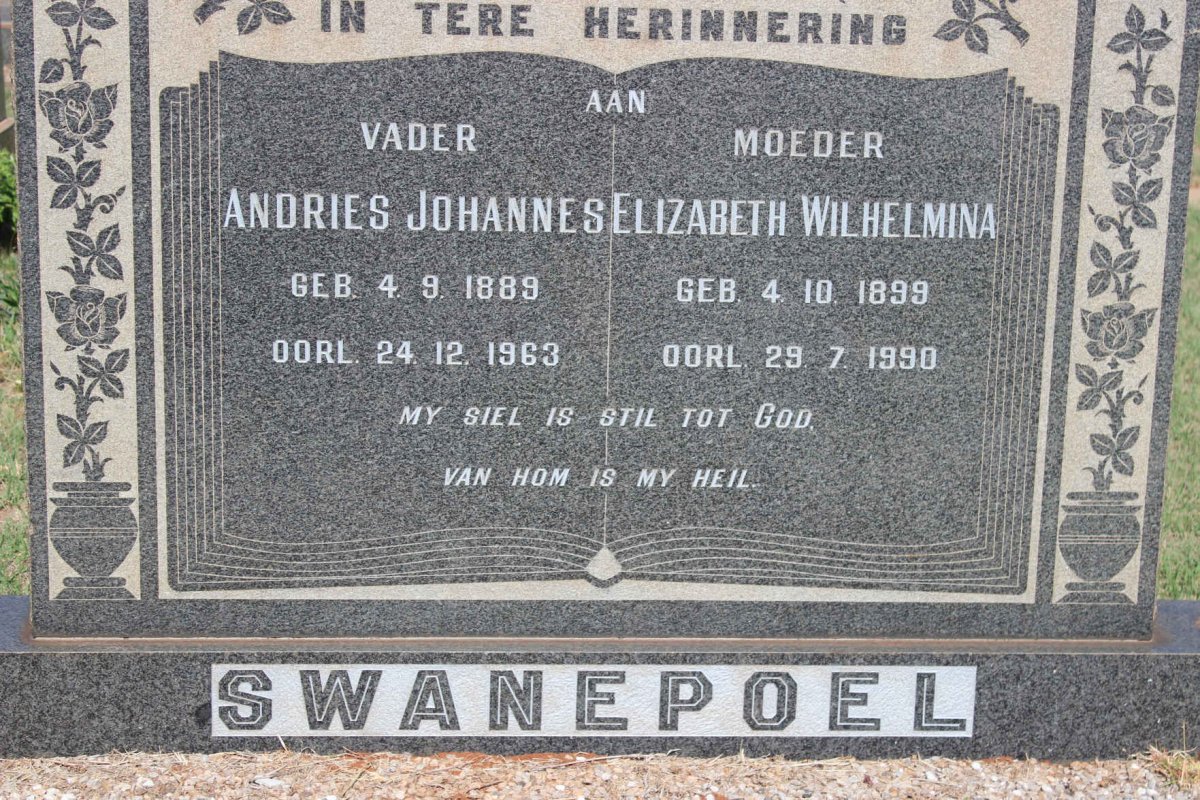 SWANEPOEL Andries Johannes 1889-1963 &amp; Elizabeth Wilhelmina 1899-1990
