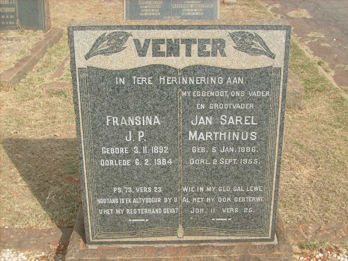 VENTER Jan Sarel Marthinus 1886-1955 &amp; Fransina J.P. 1892-1984