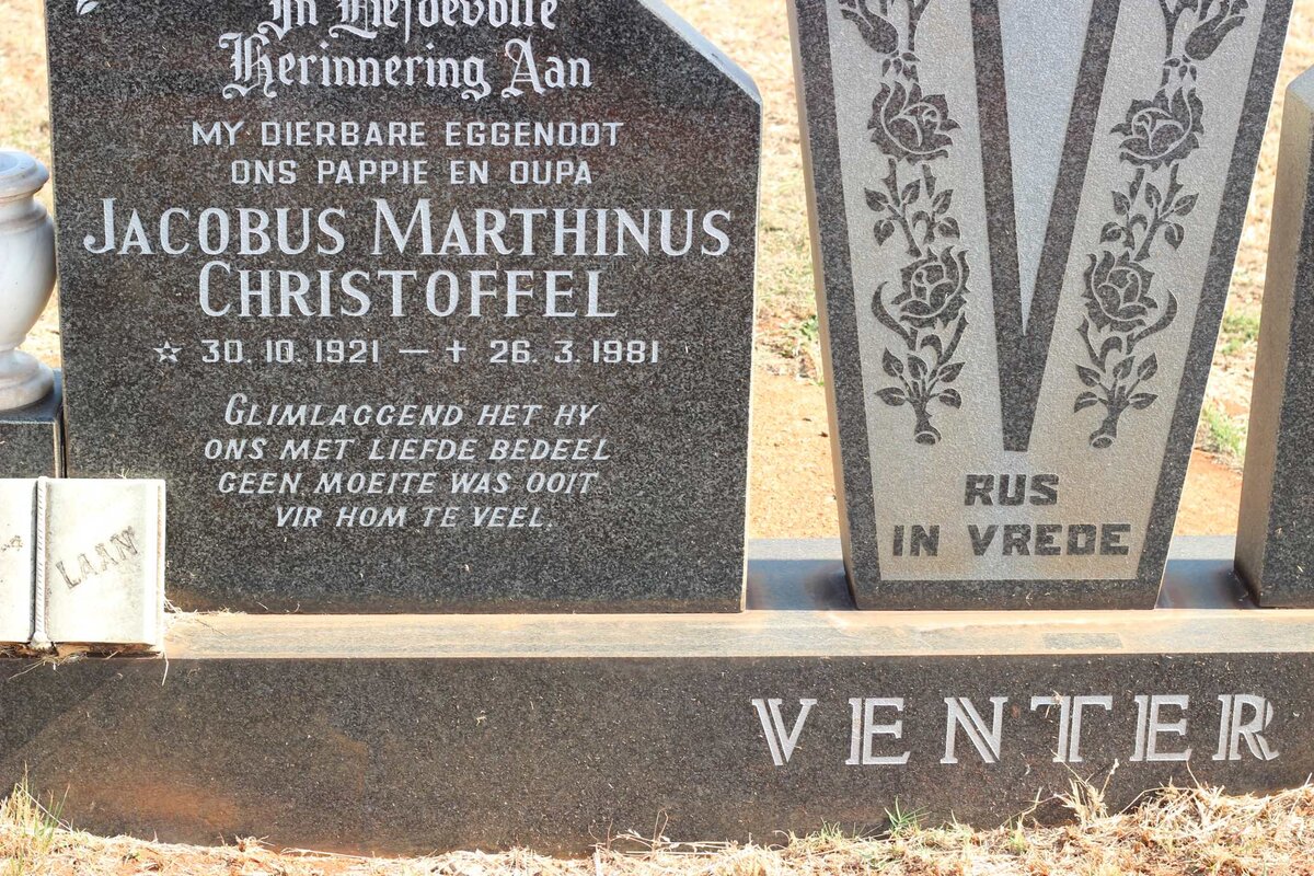 VENTER Jacobus Marthinus Christoffel 1921-1981 &amp; Tina 1923-2009