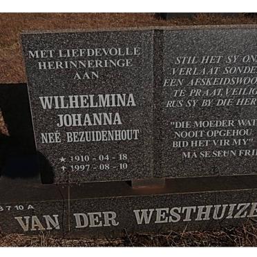WESTHUIZEN Wilhelmina Johanna, van der nee BEZUIDENHOUT 1910-1997