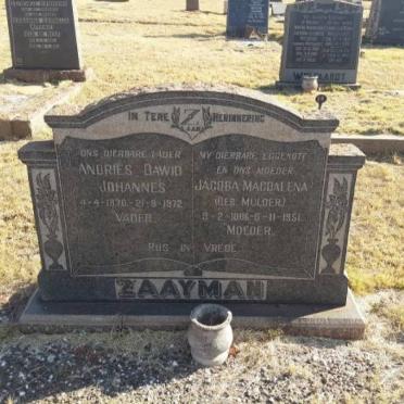 ZAAYMAN Andries Dawid Johannes 1870-1972 &amp; Jacoba Magdalena MULDER 1886-1951