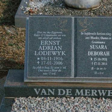 MERWE Ernst Adrian Lodewyk, van de 1916-2006 &amp; Susara Deborah 1931-2014