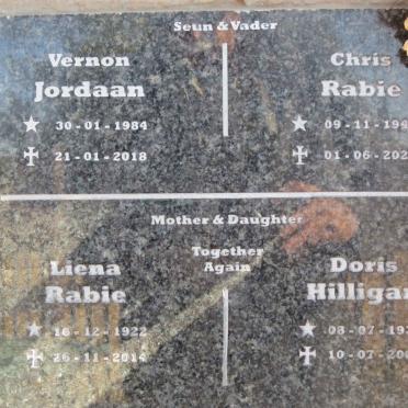 RABIE Liena 1922-2014 :: HILLIGAN Doris 1939-2007 :: RABIE Chris 1949-2020 :: JORDAAN Vernon 1984-2018
