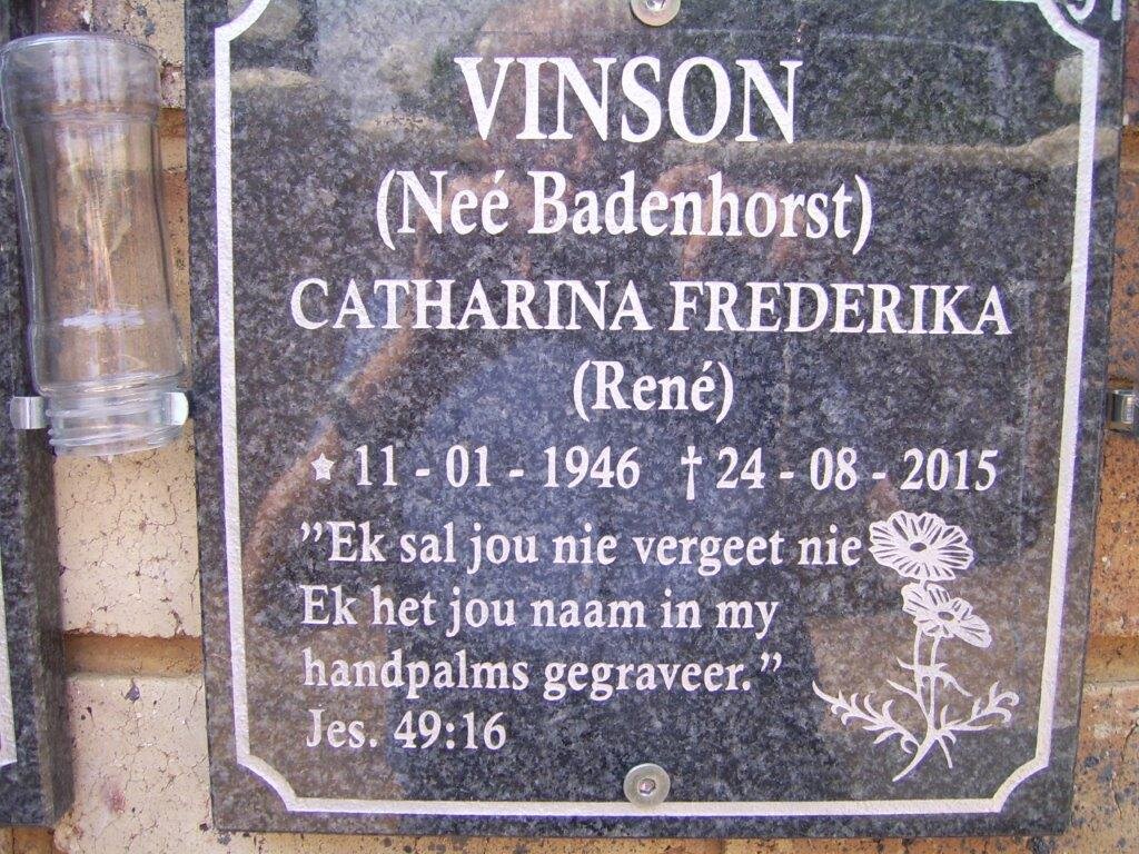 VINSON Catharina Frederika nee BADENHORST 1946-2015