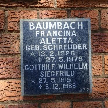 BAUMBACH Gotthilf Wilhelm Siegfried 1915-1988 &amp; Francina Aletta SCHREUDER 1926-1979