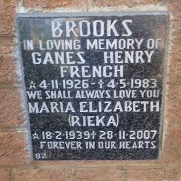 BROOKS Ganes Henry French 1926-1983 &amp; Maria Elizabeth 1939-2007