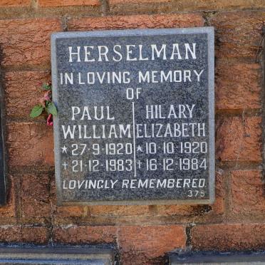 HERSELMAN Paul William 1920-1983 &amp; Hilary Elizabeth 1920-1984