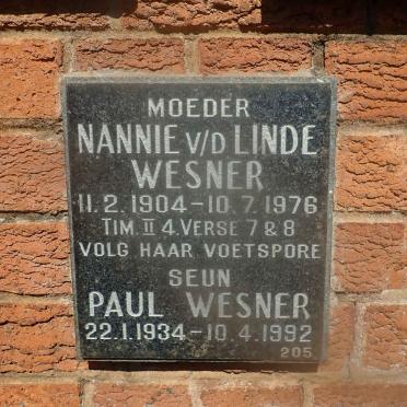 WESNER Nannie nee VAN DER LINDE 1904-1976 :: WESNER Paul 1934-1992