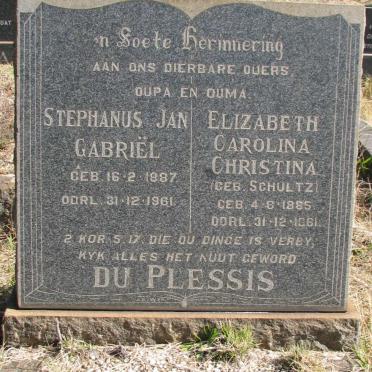 PLESSIS Stephanus Jan Gabriel, du 1887-1961 &amp; Elizabeth Carolina Christina SCHULTZ 1885-1961 