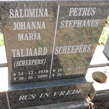 SCHEEPERS Petrus Stephanus 1935-1980 :: TALJAARD Salomina Johanna Maria nee SCHEEPERS 1938-2000
